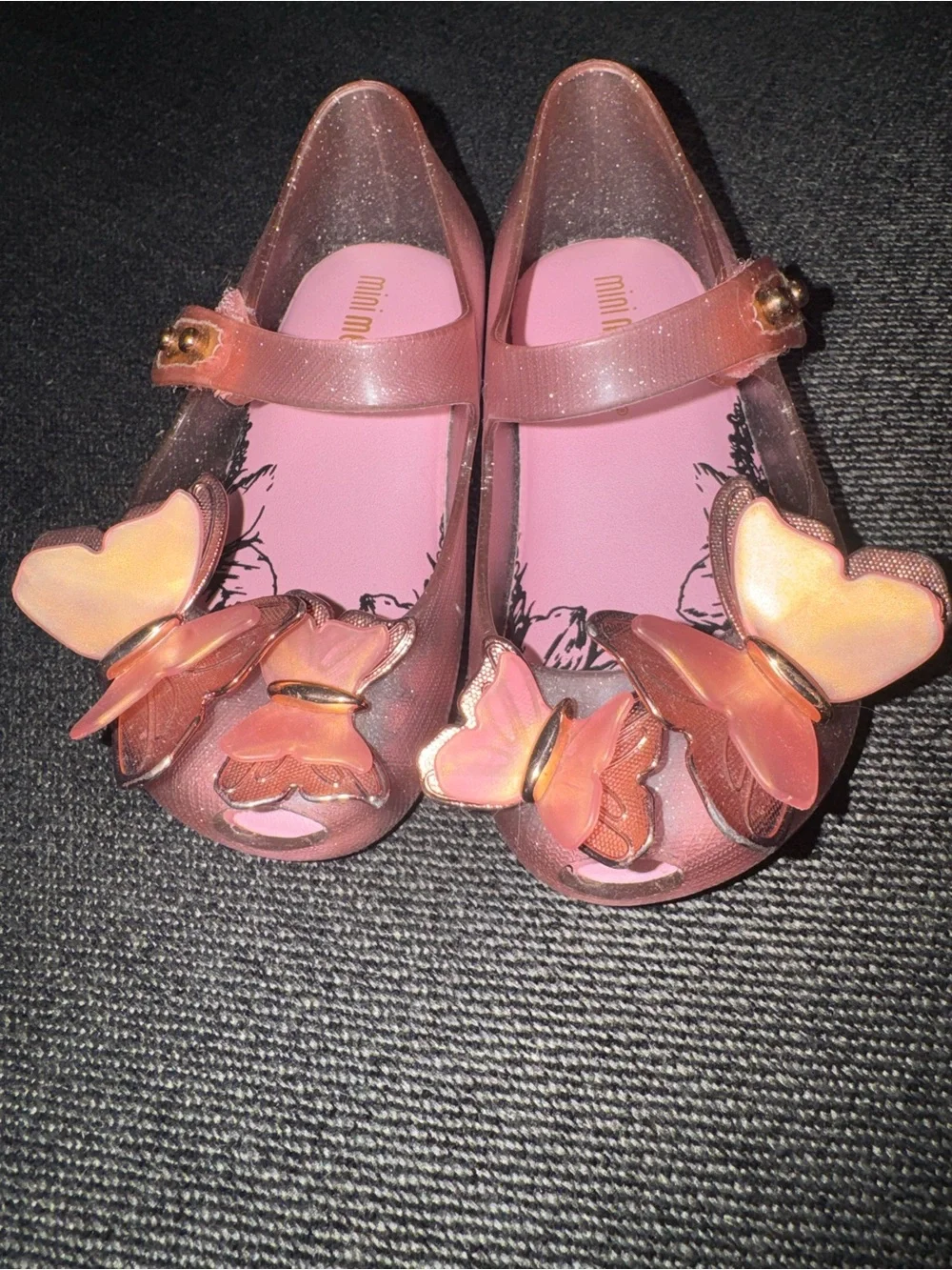 Mini Melissa Glitter Pink Jelly Mary Jane Sandals with Butterfly Embellishments